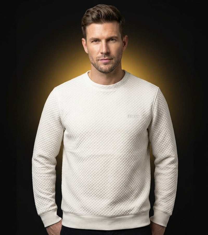 Urbanox Men’s Off-White Textured Quilted Crew Neck Sweatshirt