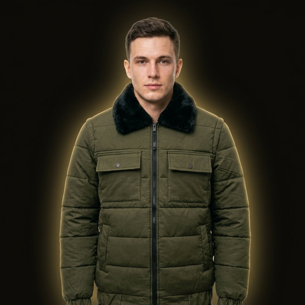 URBANOX Men’s Luxury Olive Green Puffer Jacket with Black Fur Collar