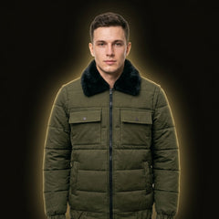 URBANOX Men’s Luxury Olive Green Puffer Jacket with Black Fur Collar