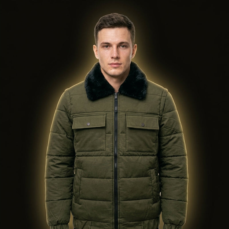 URBANOX Men’s Luxury Olive Green Puffer Jacket with Black Fur Collar