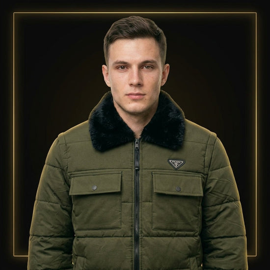 URBANOX Men’s Luxury Olive Green Puffer Jacket with Black Fur Collar