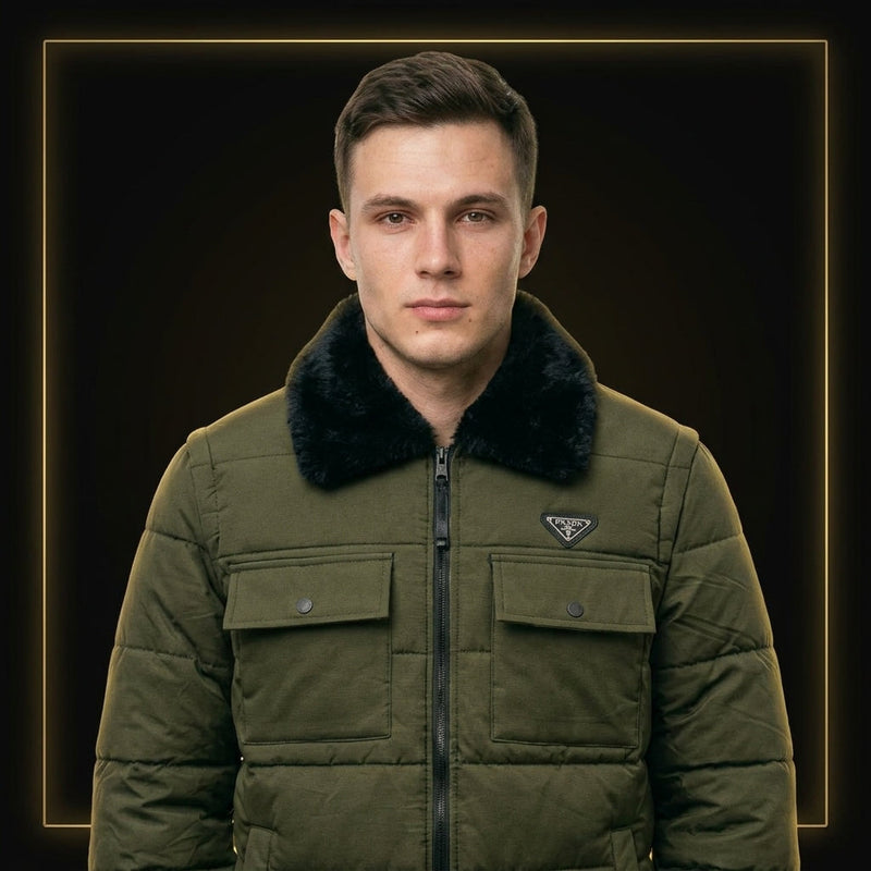 URBANOX Men’s Luxury Olive Green Puffer Jacket with Black Fur Collar