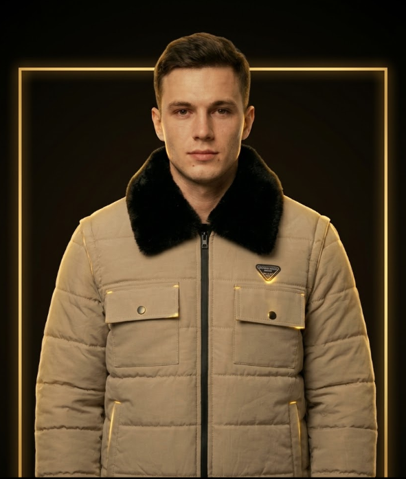 Men's Beige Puffer Jacket with Black Fur Coller-Winter Collection