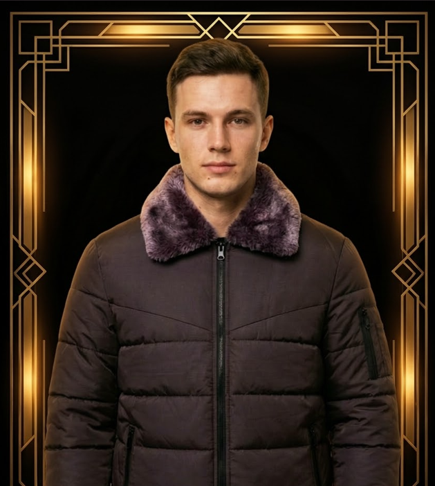 Men's Dark Plum Puffer Jacket with Purple Fur Collar - Winter Collection