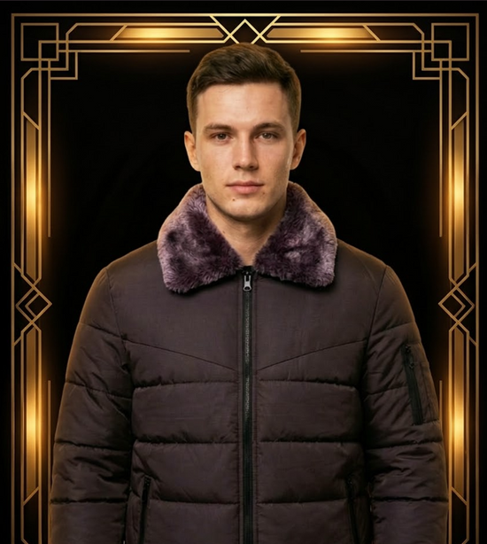 Men's Dark Plum Puffer Jacket with Purple Fur Collar - Winter Collection
