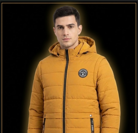 Men's Mustard Yellow Hooded Puffer Jacket for Men in Pakistan