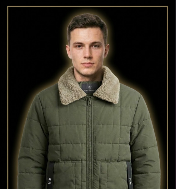 Men's Army Green Puffer Jacket with Fur Collar - Winter Collection