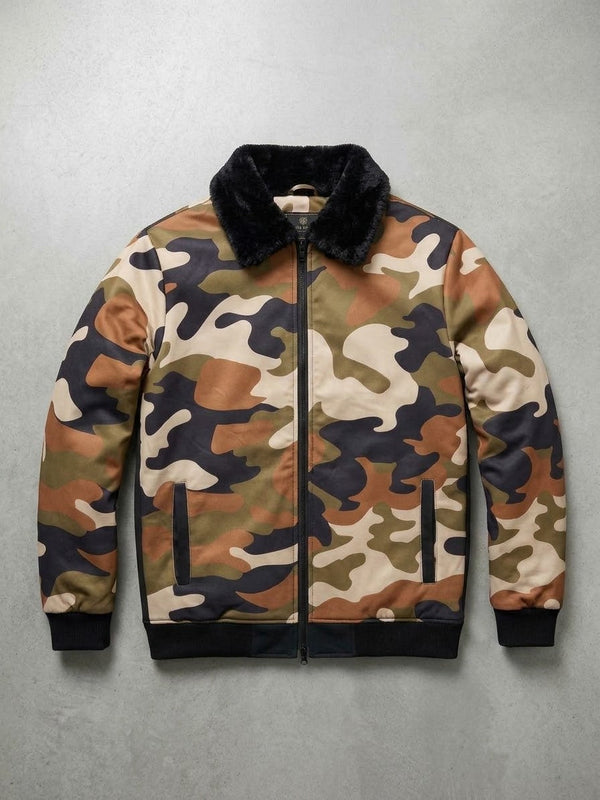 Men's Classic Camouflage Upper Jacket with Black Fur Collar - Winter Collection
