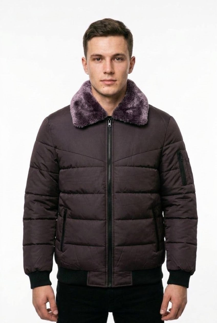 Men's Dark Plum Puffer Jacket with Purple Fur Collar - Winter Collection