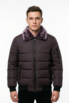Men's Dark Plum Puffer Jacket with Purple Fur Collar - Winter Collection