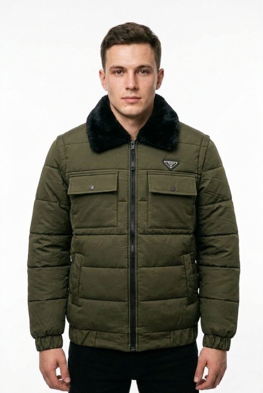 URBANOX Men’s Luxury Olive Green Puffer Jacket with Black Fur Collar