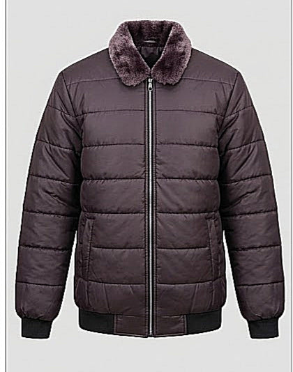 Men's Dark Plum Puffer Jacket with Purple Fur Collar - Winter Collection
