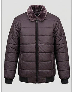 Men's Dark Plum Puffer Jacket with Purple Fur Collar - Winter Collection