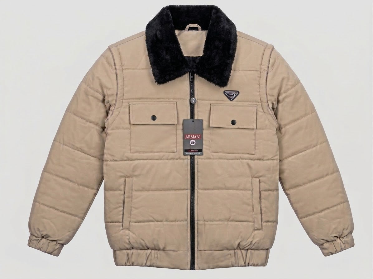 Men's Beige Puffer Jacket with Black Fur Coller-Winter Collection