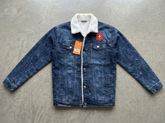 Men's Dark Wash Swiss Patch Sharpa-Lined Denim Jacket