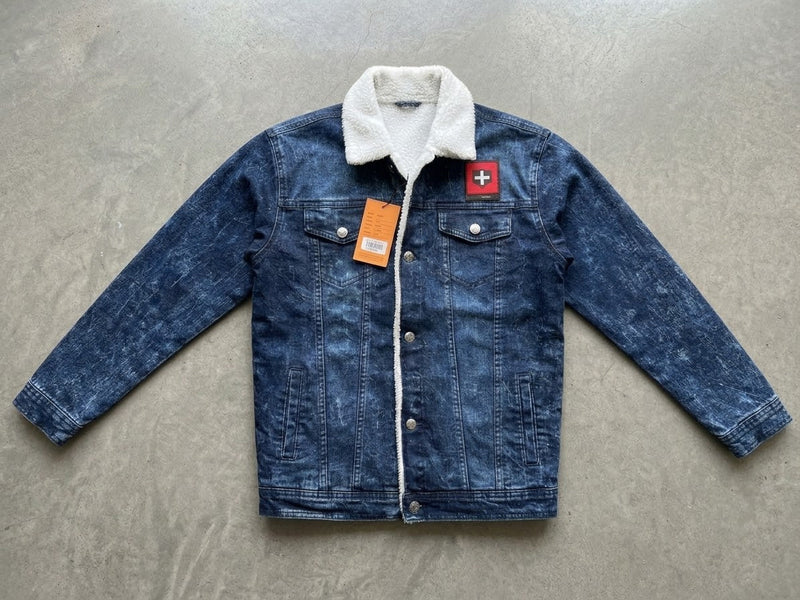 Men's Dark Wash Swiss Patch Sharpa-Lined Denim Jacket