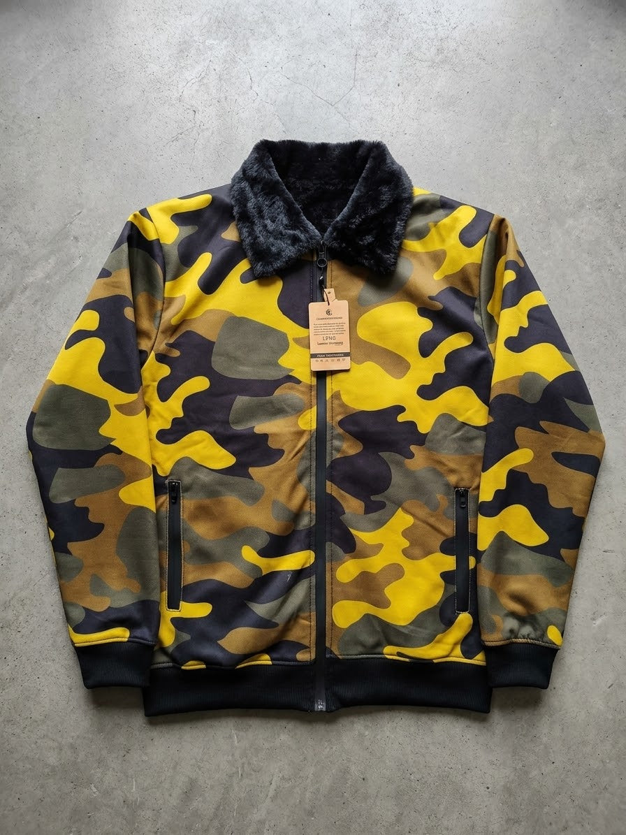 Men's Yellow Camouflage Upper Jacket with Black Fur Collar - Winter Collection