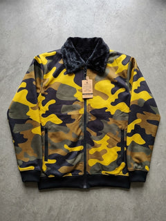 Men's Yellow Camouflage Upper Jacket with Black Fur Collar - Winter Collection