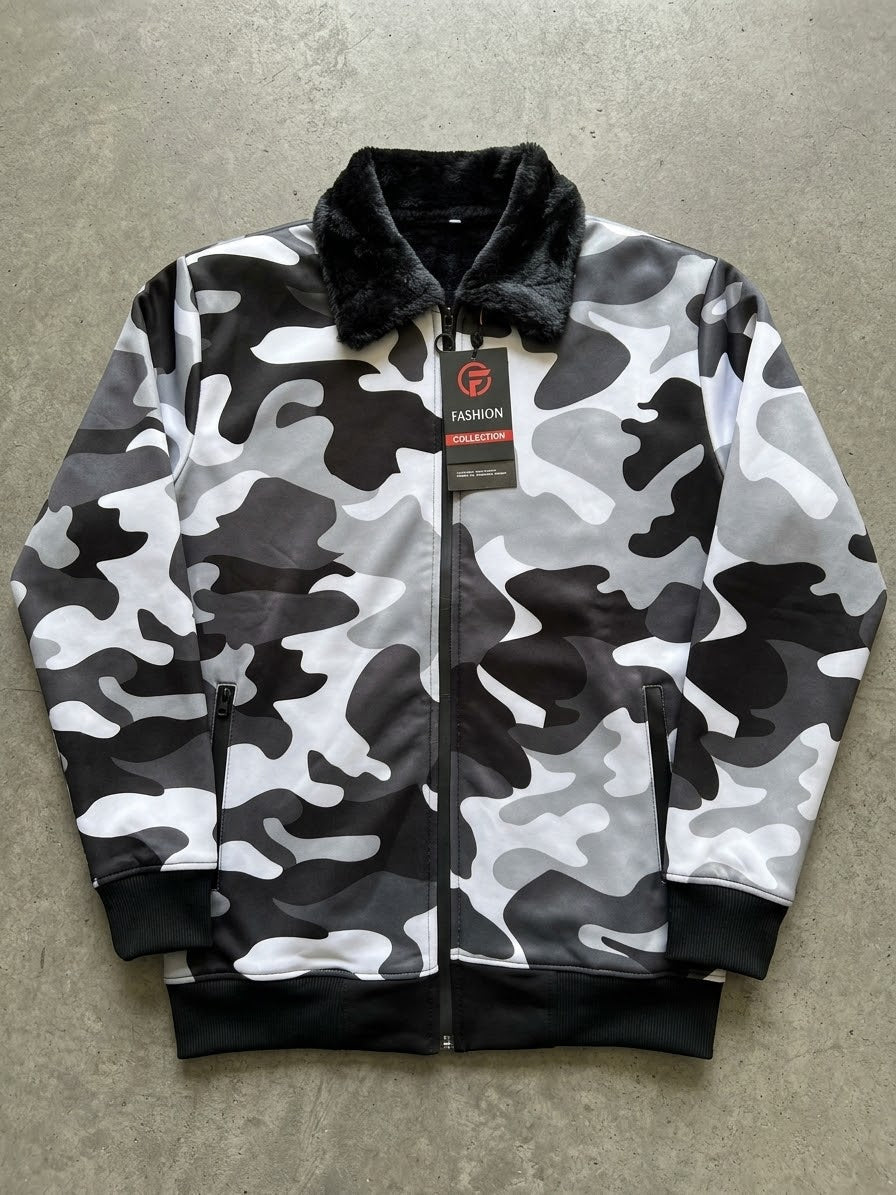Men's Snow Camouflage Upper Jacket with Black Fur Collar - Winter Collection