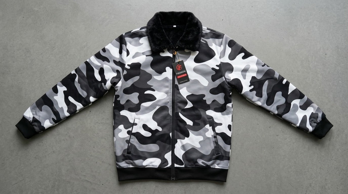Men's Snow Camouflage Upper Jacket with Black Fur Collar - Winter Collection