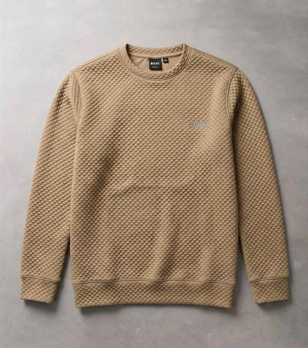Men's Beige Textured Quilted Crew Neck Sweatshirt