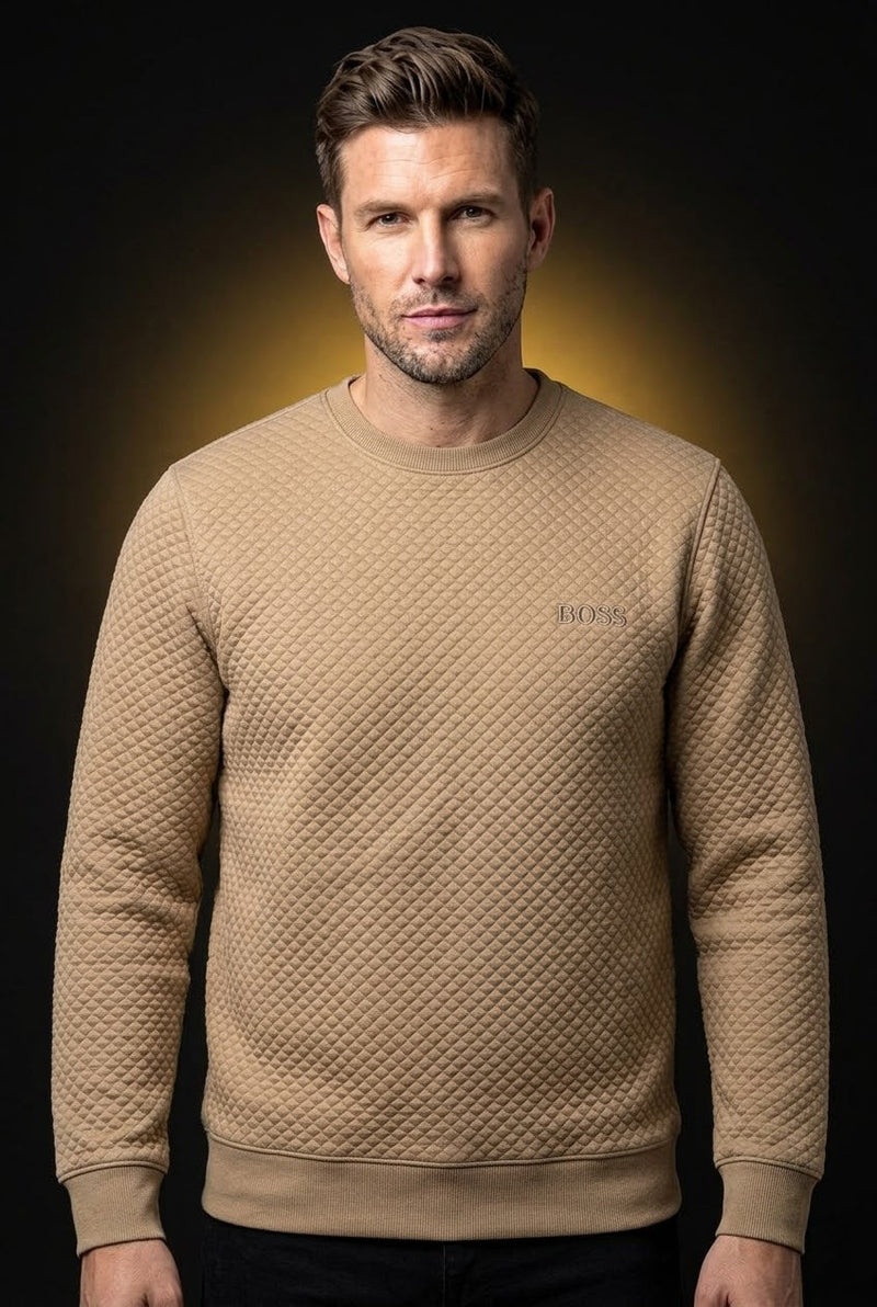 Men's Beige Textured Quilted Crew Neck Sweatshirt