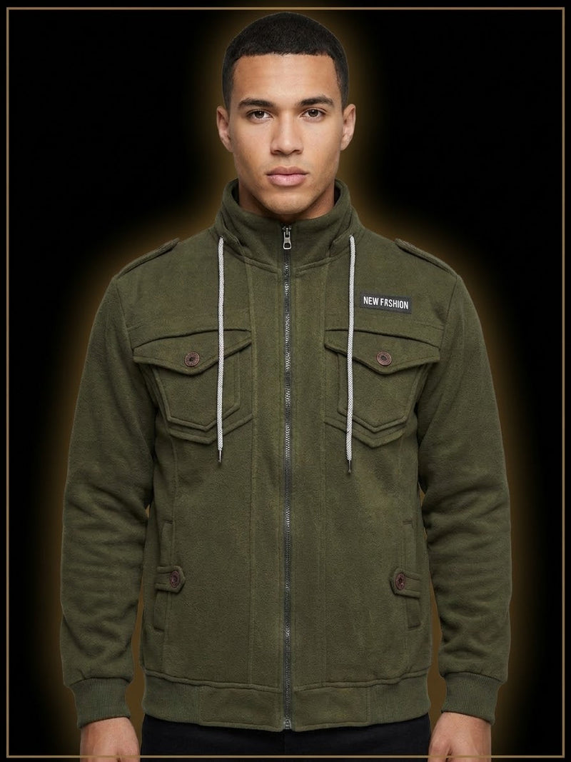Men's Olive Green Fleece Military-Style Jacket
