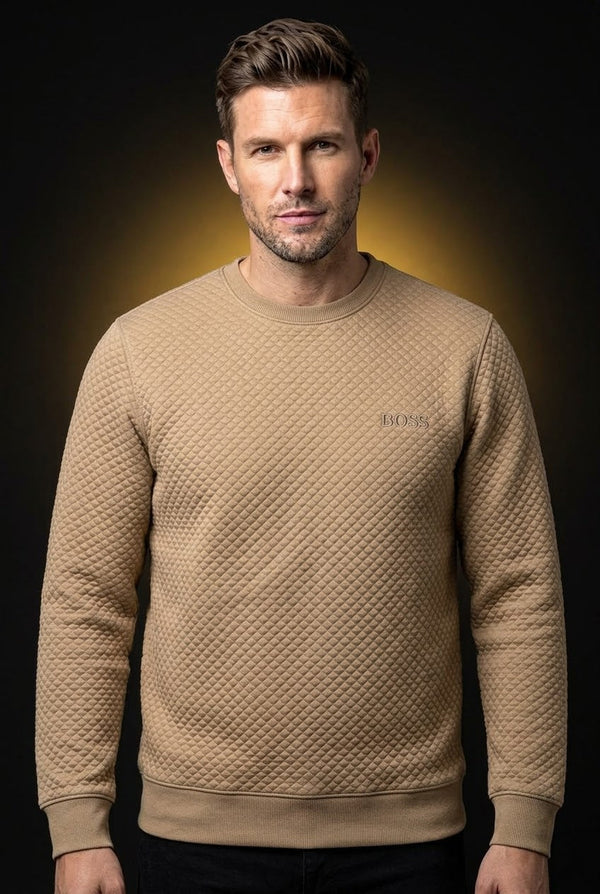 Men's Beige Textured Quilted Crew Neck Sweatshirt