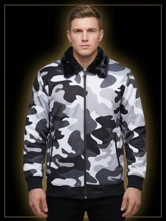 Men's Snow Camouflage Upper Jacket with Black Fur Collar - Winter Collection