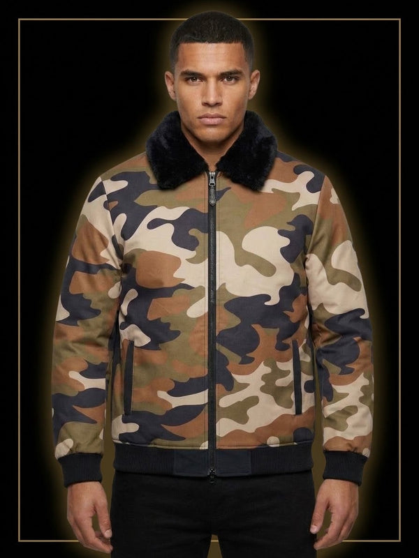 Men's Classic Camouflage Upper Jacket with Black Fur Collar - Winter Collection