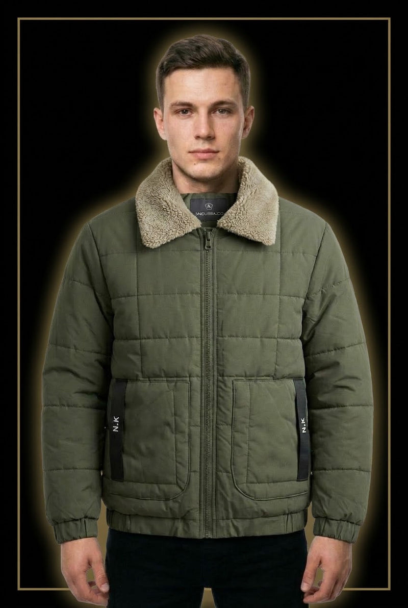 Men's Army Green Puffer Jacket with Fur Collar - Winter Collection