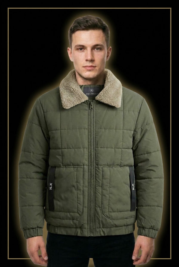 Men's Army Green Puffer Jacket with Fur Collar - Winter Collection