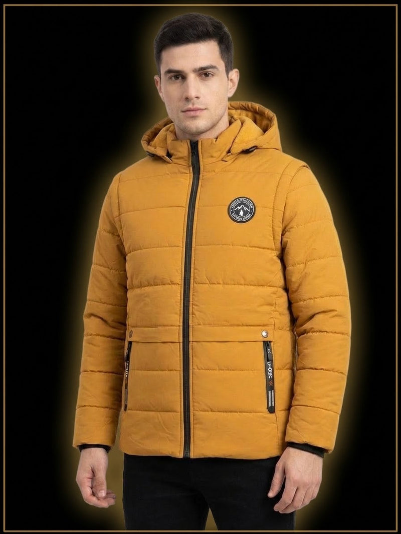Men's Mustard Yellow Hooded Puffer Jacket for Men in Pakistan