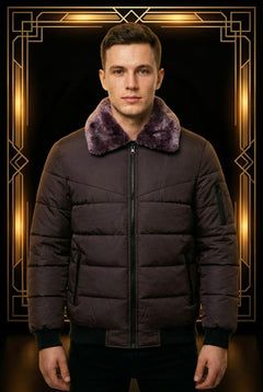 Men's Dark Plum Puffer Jacket with Purple Fur Collar - Winter Collection