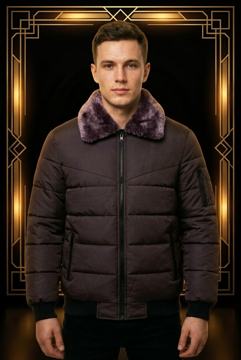 Men's Dark Plum Puffer Jacket with Purple Fur Collar - Winter Collection