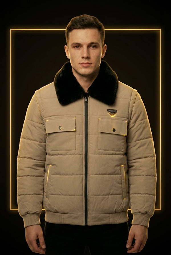 Men's Beige Puffer Jacket with Black Fur Coller-Winter Collection