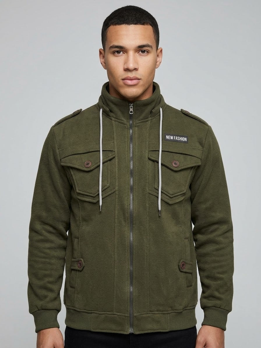 Men's Olive Green Fleece Military-Style Jacket