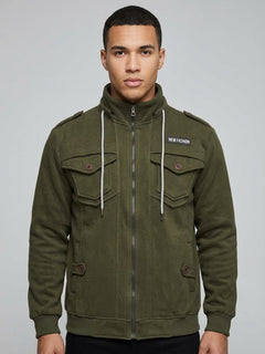 Men's Olive Green Fleece Military-Style Jacket