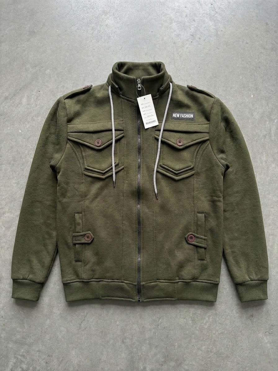 Men's Olive Green Fleece Military-Style Jacket
