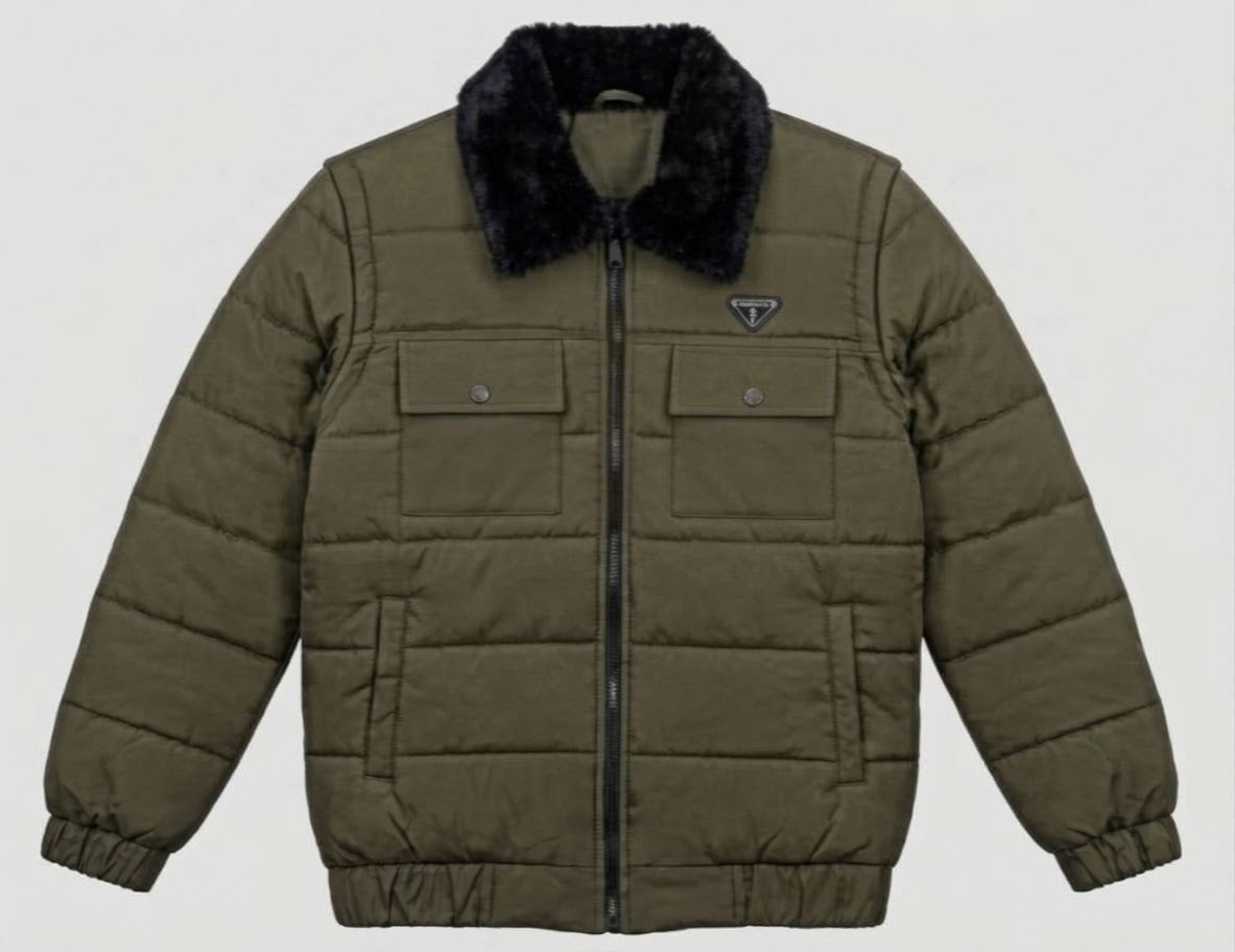 URBANOX Men’s Luxury Olive Green Puffer Jacket with Black Fur Collar
