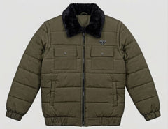 URBANOX Men’s Luxury Olive Green Puffer Jacket with Black Fur Collar