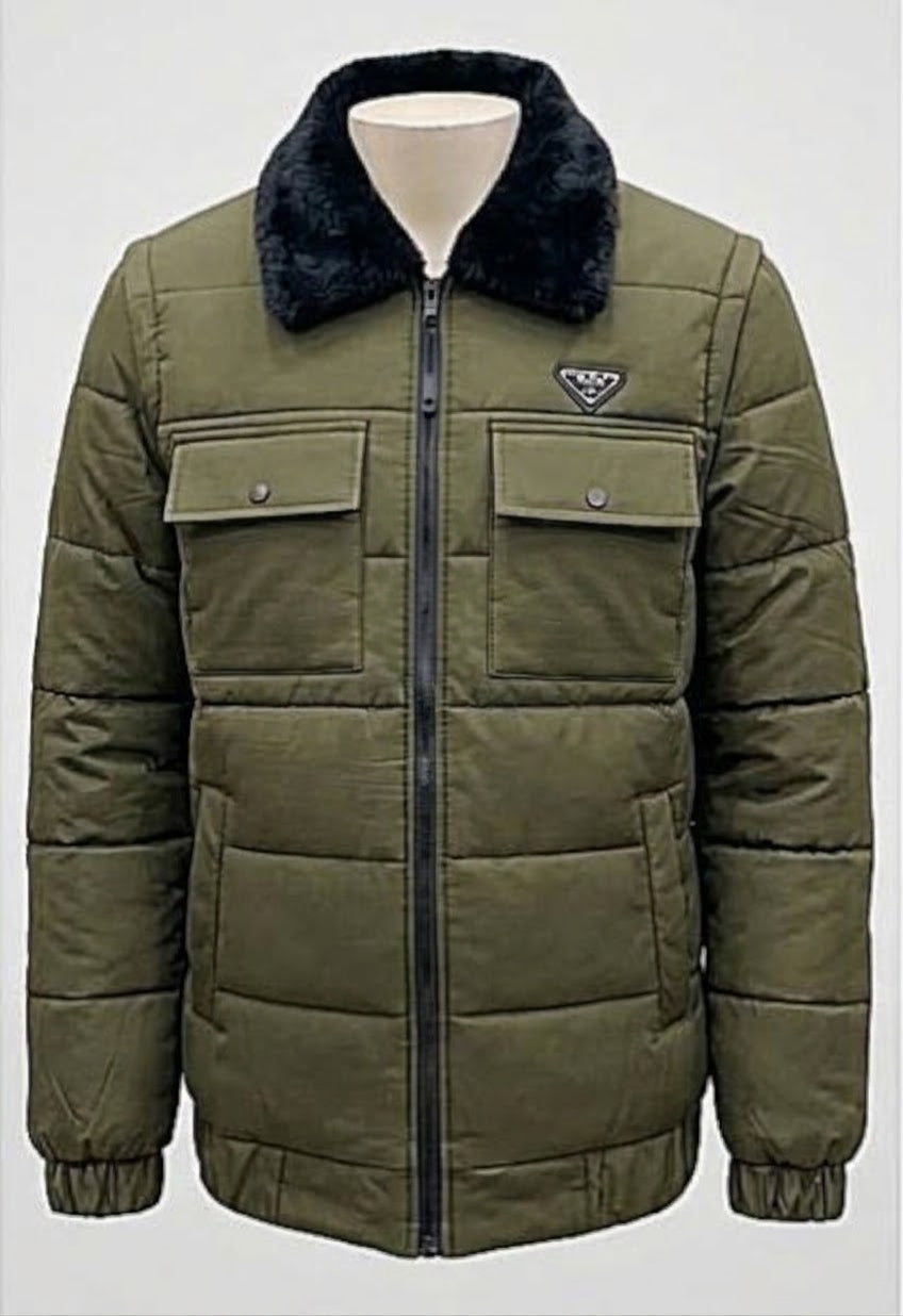 URBANOX Men’s Luxury Olive Green Puffer Jacket with Black Fur Collar