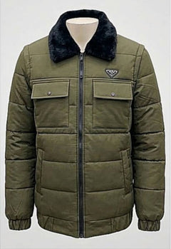URBANOX Men’s Luxury Olive Green Puffer Jacket with Black Fur Collar