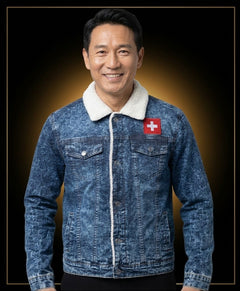 Men's Dark Wash Swiss Patch Sharpa-Lined Denim Jacket