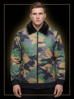Men's Military Green Camouflage Upper Jacket with Black Fur Collar - Winter Collection