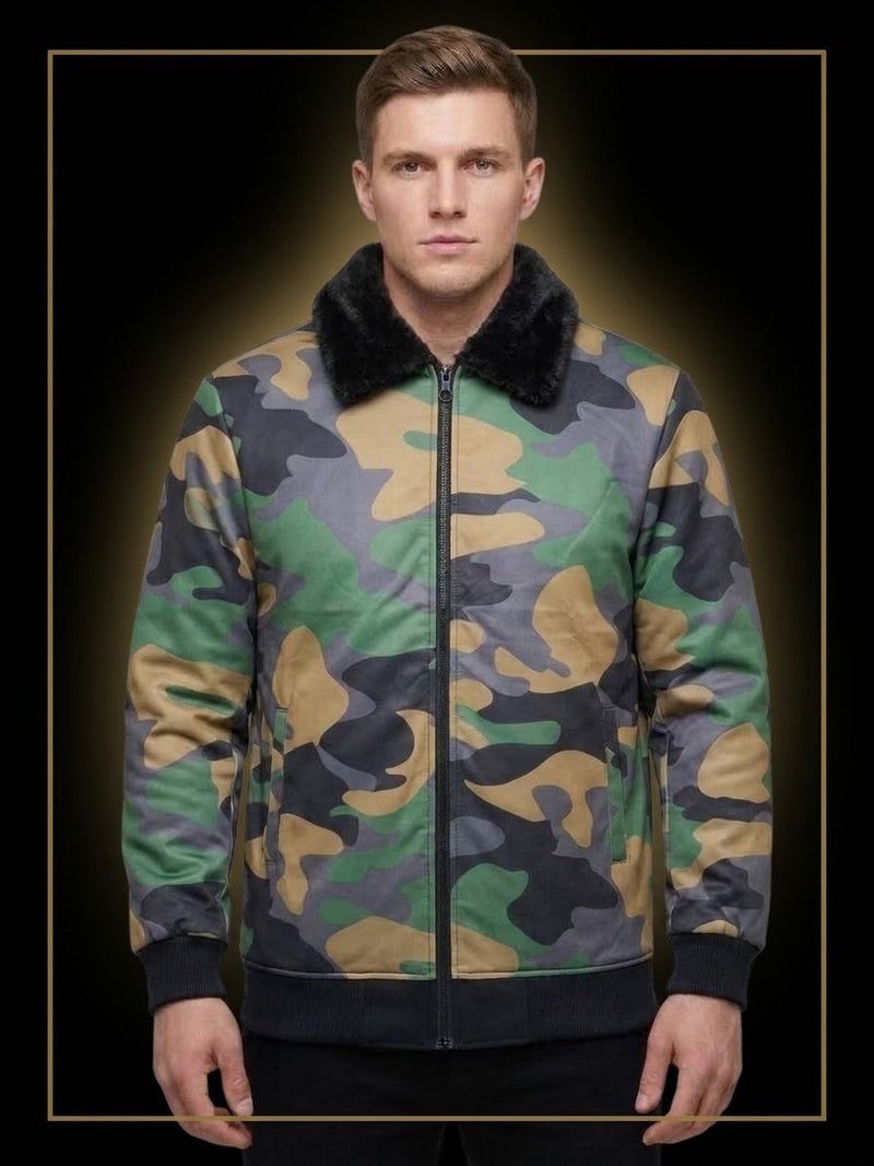 Men's Military Green Camouflage Upper Jacket with Black Fur Collar - Winter Collection