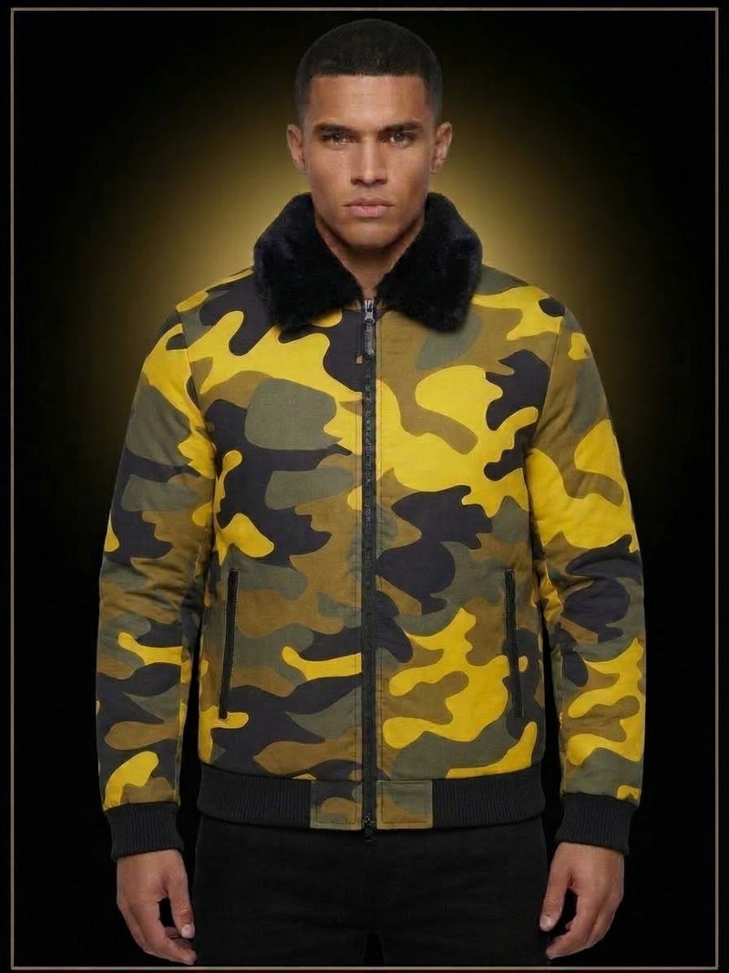 Men's Yellow Camouflage Upper Jacket with Black Fur Collar - Winter Collection