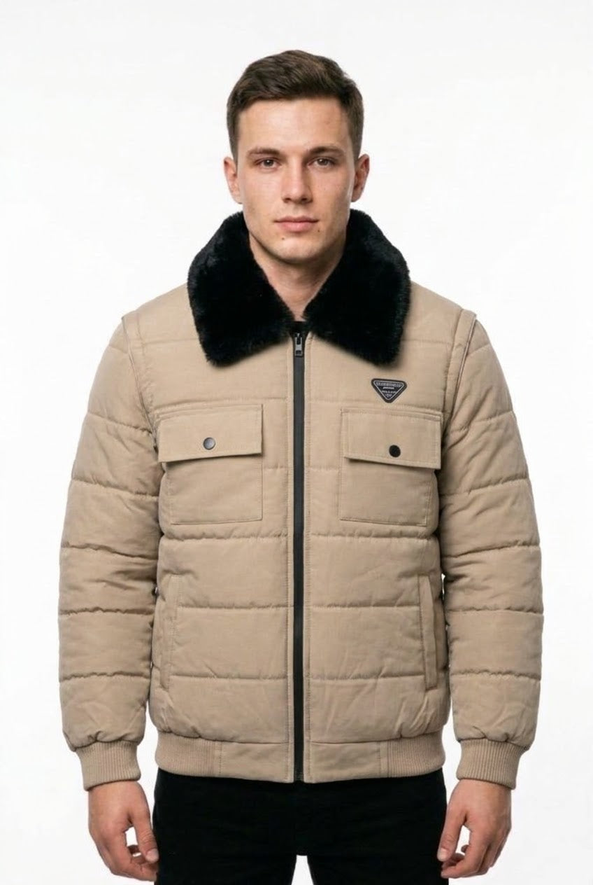 Men's Beige Puffer Jacket with Black Fur Coller-Winter Collection