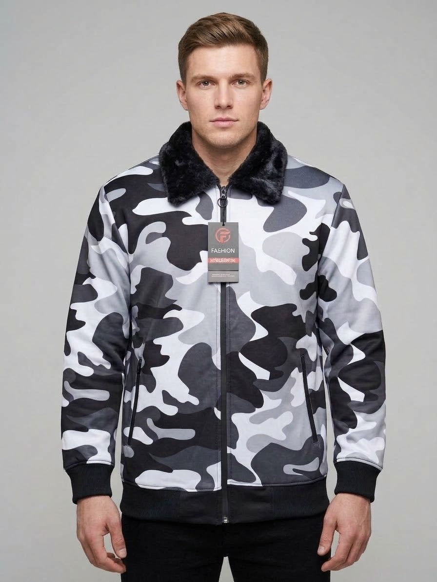 Men's Snow Camouflage Upper Jacket with Black Fur Collar - Winter Collection