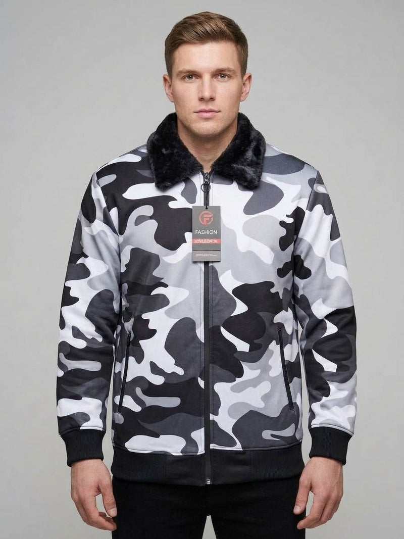 Men's Snow Camouflage Upper Jacket with Black Fur Collar - Winter Collection